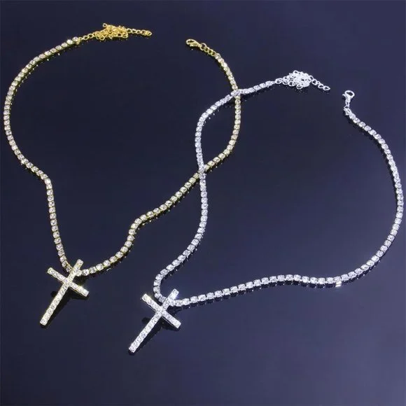 Big Cross Necklace Tennis Chain Crystal Rhinestone Choker Necklace Women Collar - Picture 5 of 8